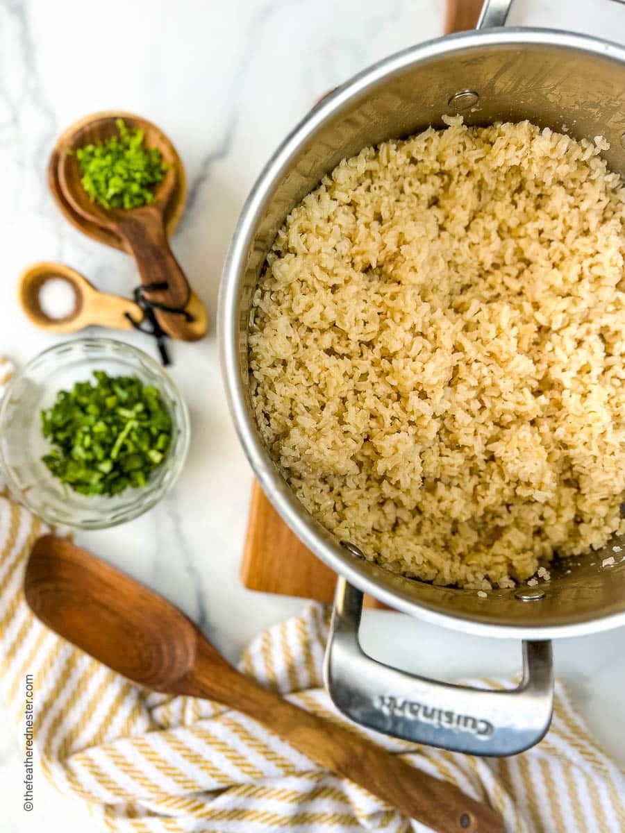 Pot of fluffy cilantro lime brown rice.