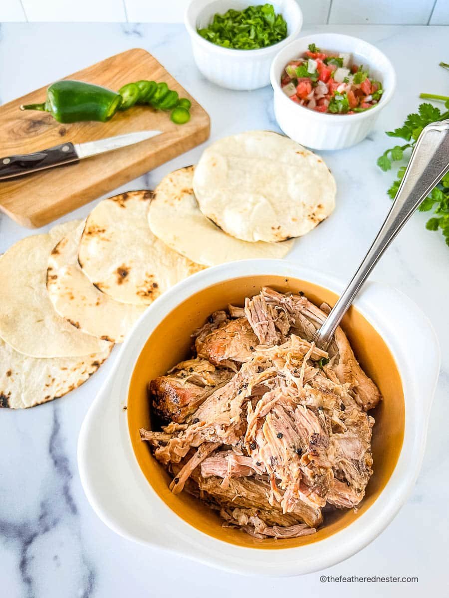 Bowl filled with Dutch Oven carnitas meat next to charred corn tortillas and bowls of Pico de Gallo and minced jalapenos.