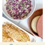 titled graphic of coleslaw for fish tacos. (Shown in a bowl next to platter of grilled fish and corn tortillas)