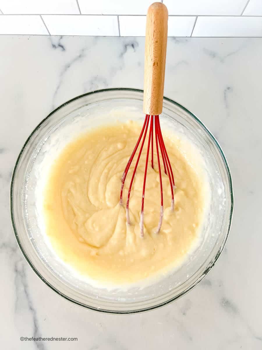 Bowl of cheesecake pudding for cheesecake 4th of July salad.