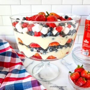 4th of July salad in a trifle bowl.
