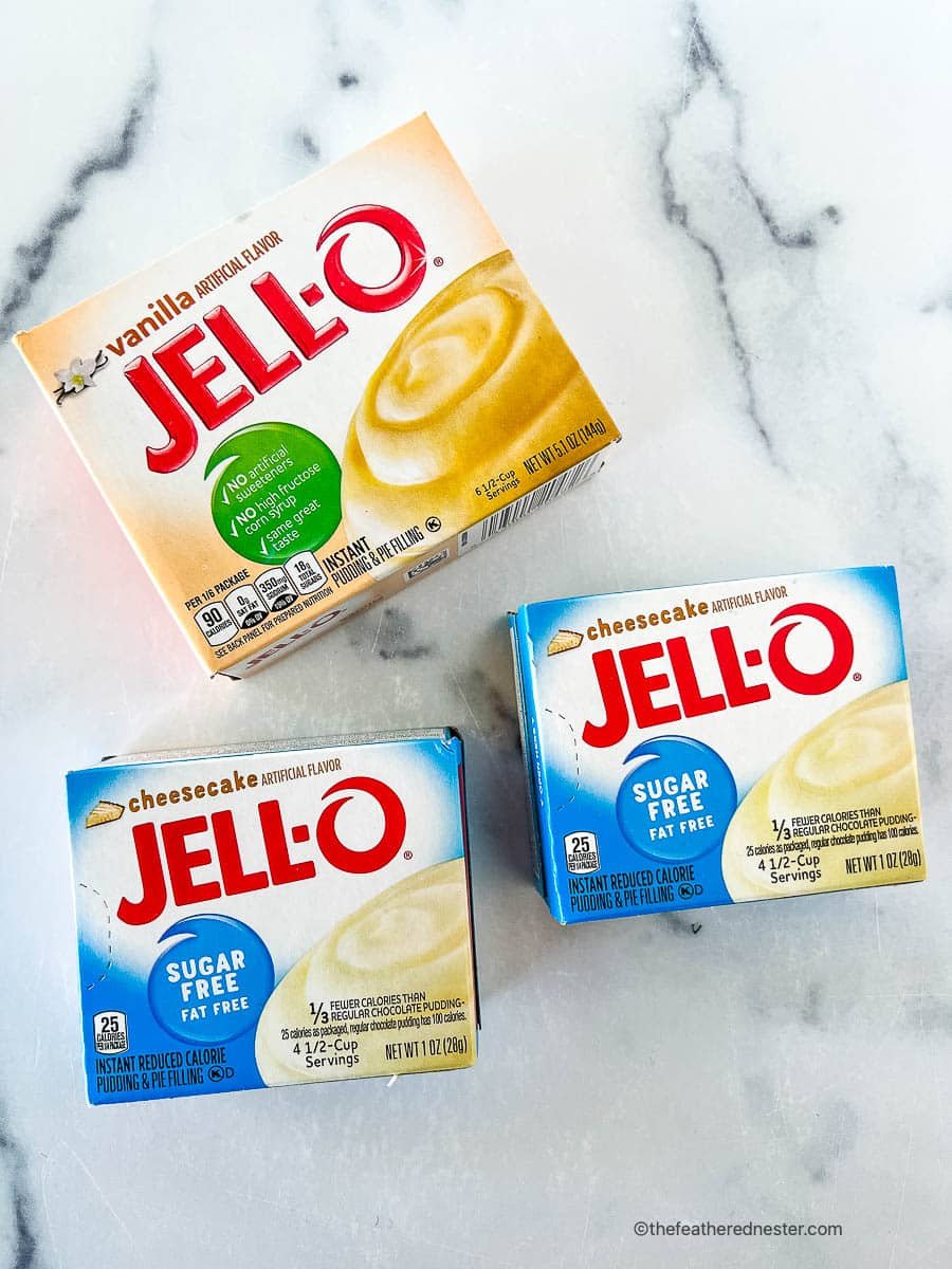 2 boxes of sugar free Jell-O instant cheesecake pudding mix and 1 box of instant vanilla pudding mix.