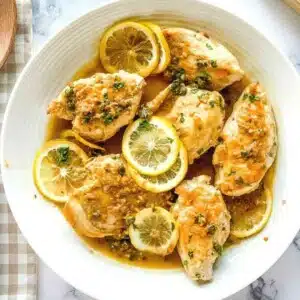 Plated dish of lemon caper chicken cutlets.