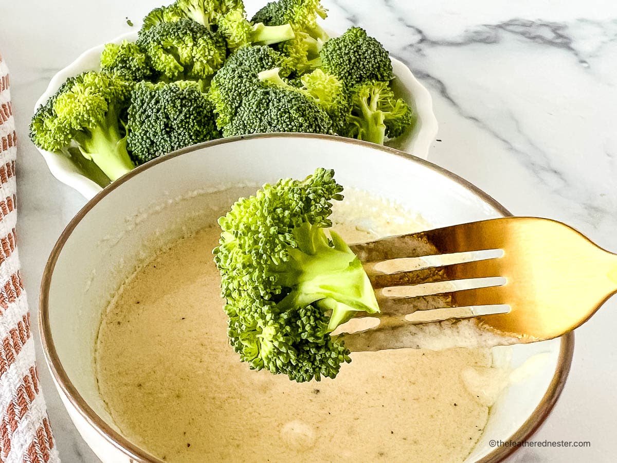 Tender-crisp Instant Pot steamed broccoli florets in a small serving bowl and on a fork above a bowl of cheese sauce.