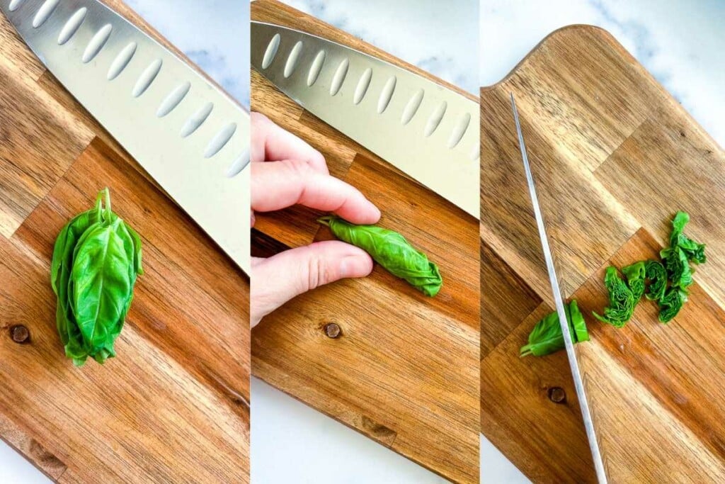Collage of 3 images showing how to cut basil chiffonade.