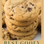 A vertical image with the title "BEST GOOEY chocolate chip cookies" at the bottom. The main image is a close-up of a tall stack of warm, golden chocolate chip cookies. The website "TheFeatheredNester.com" is visible.