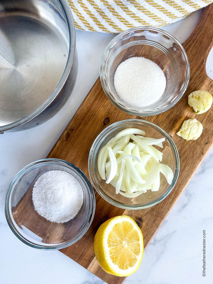 Small bowls of salt, sugar, onion, garlic, and lemon for brine recipe.