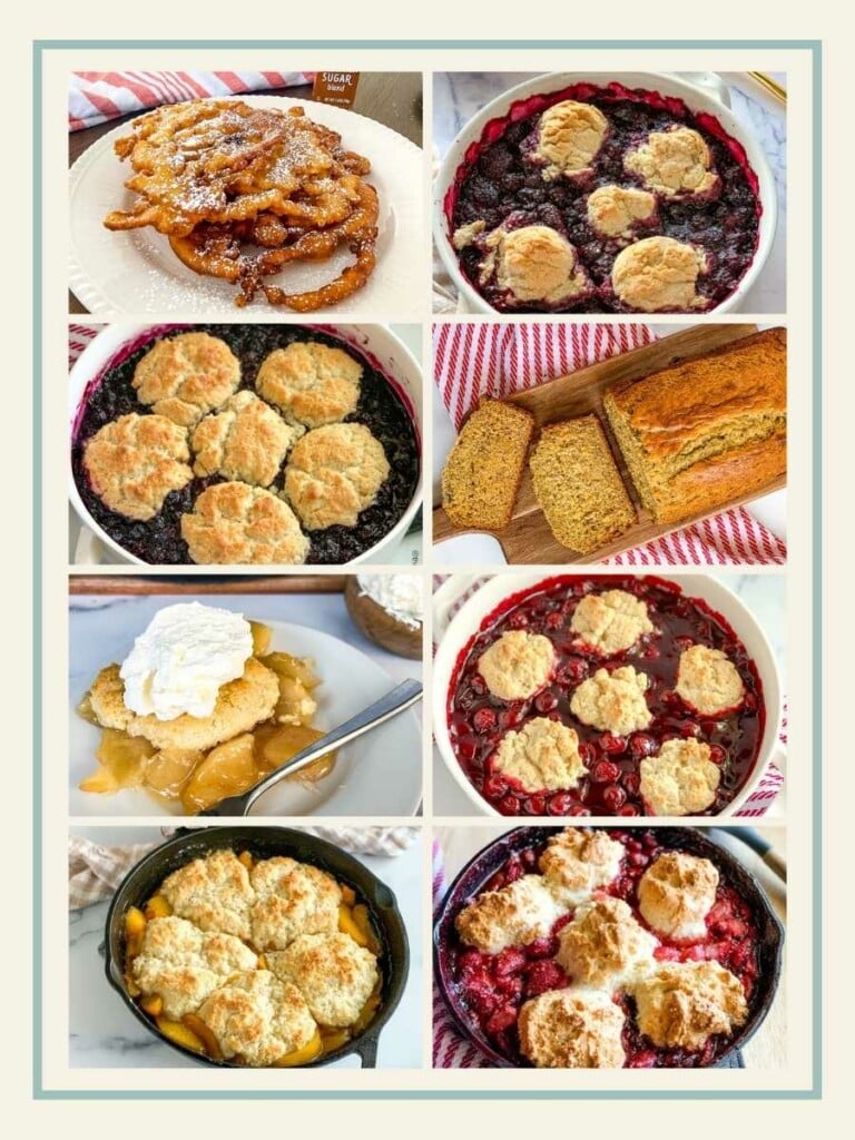 Collage of 8 delicious looking Bisquick dessert recipes.