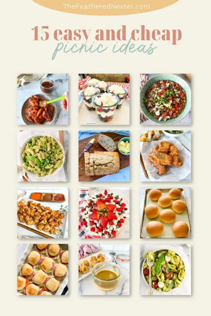 Collage of 15 cheap picnic sides and main dishes.