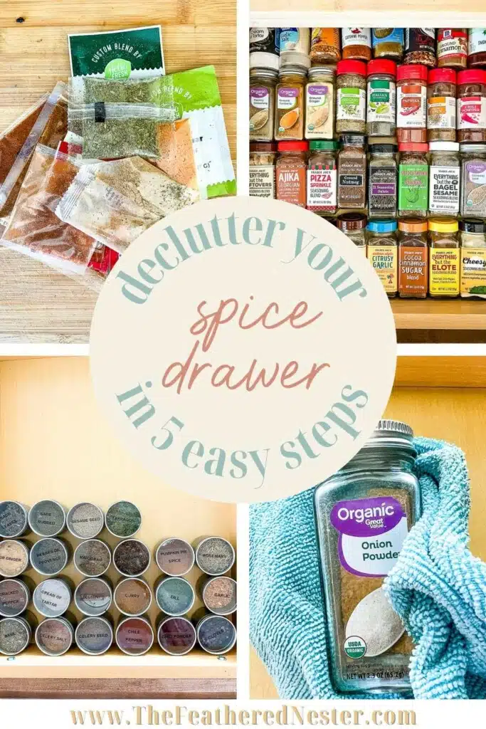 4 image collage shows how to declutter a spice drawer.