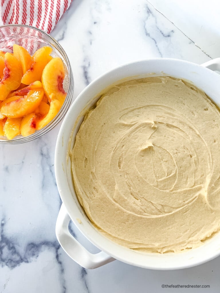 unbaked batter in a round baking dish.