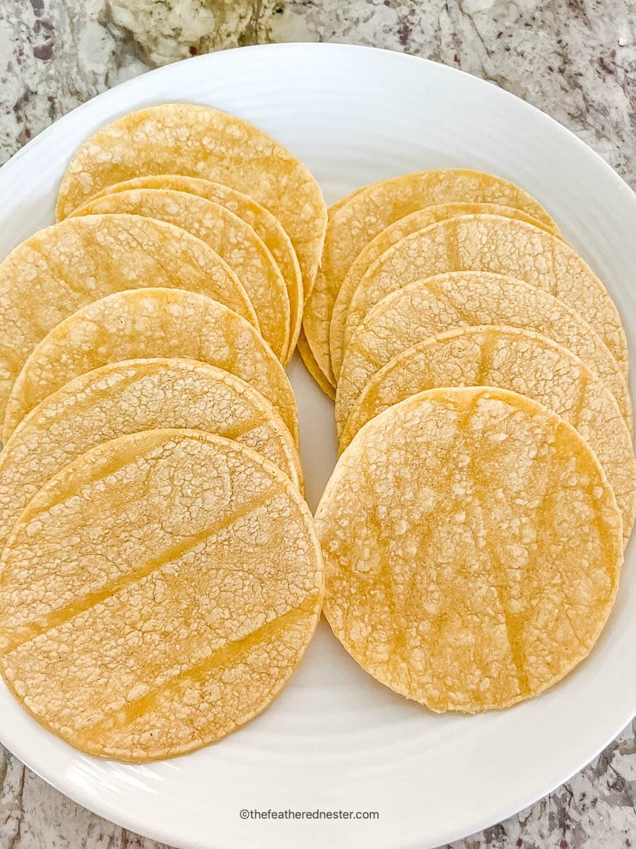 Corn tortillas on a round white dinner plate.