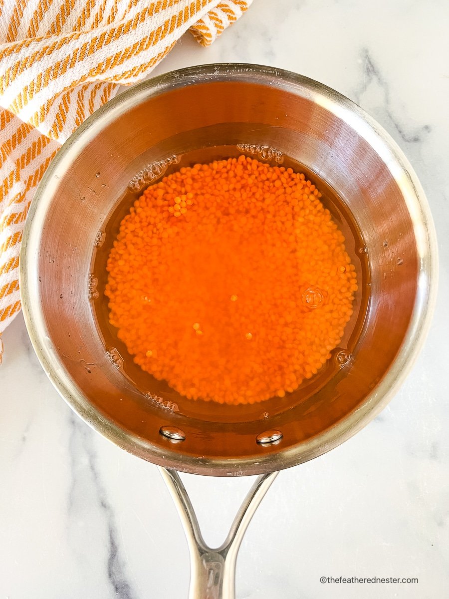 Cooking red lentils in saucepan.