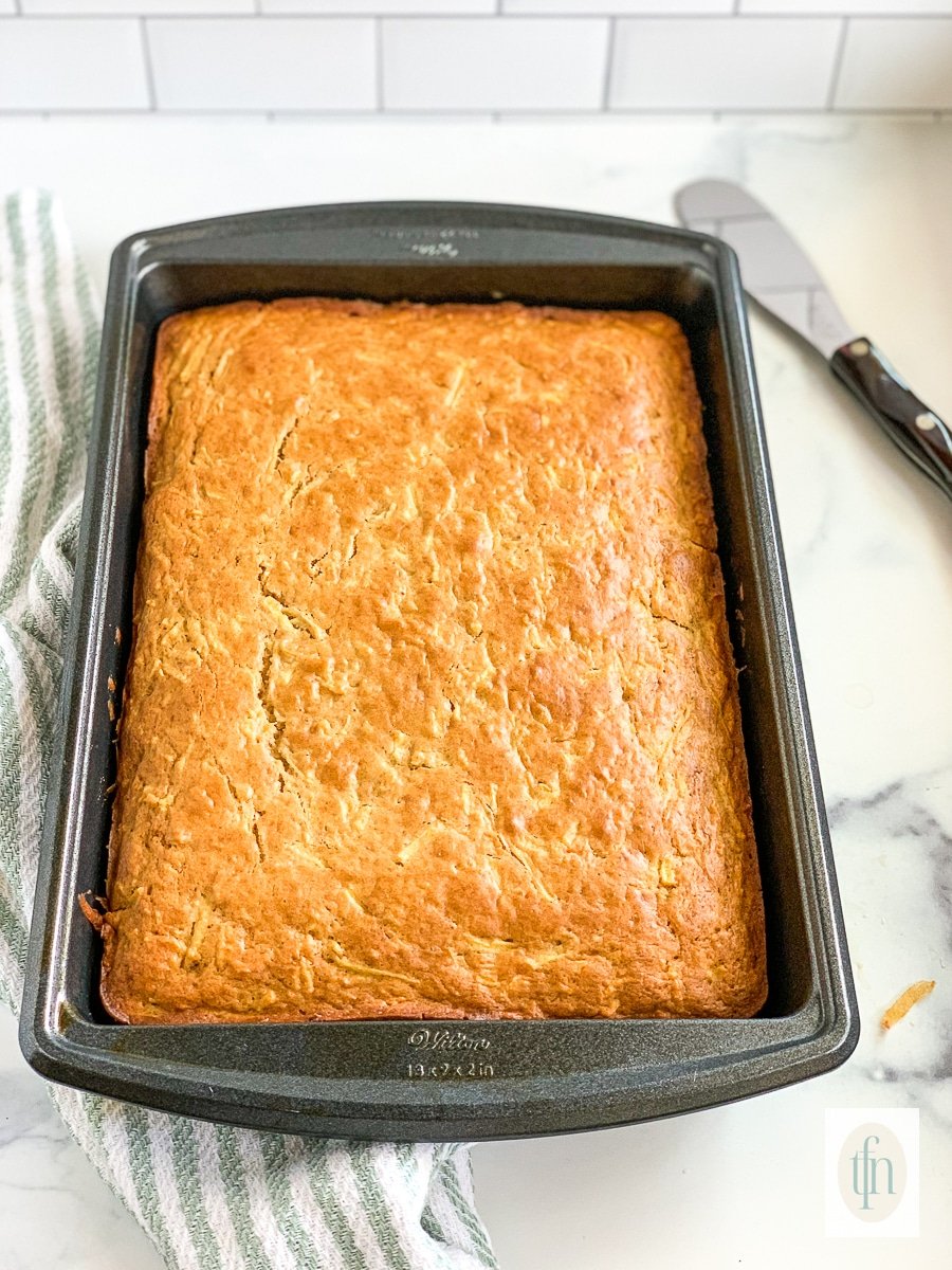 A pan of sourdough apple cake freshly baked.