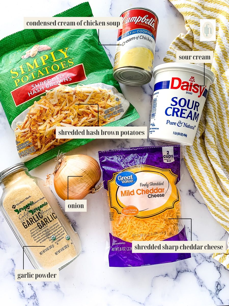 Labeled ingredient image for Cheesy Instant Pot Hash Brown Casserole recipe.