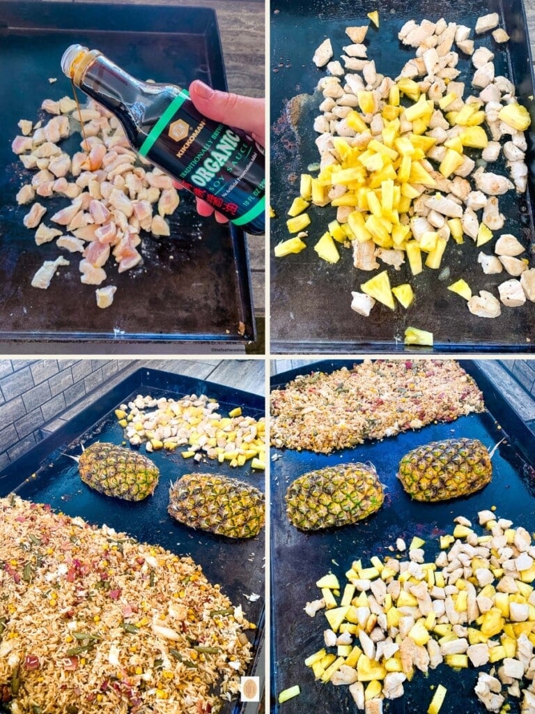 Four image collage: upper left: adding soy sauce to fried rice. upper right: pineapple chicken on hibachi grill. lower left and lower right: cooking fried rice and a pineapple bowl on Blackstone griddle.