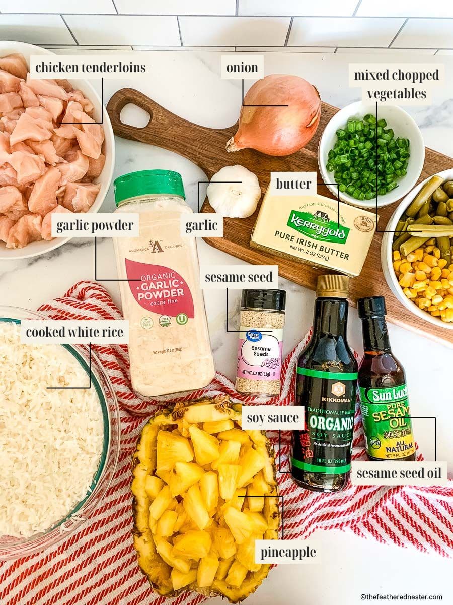Bowls and packages of ingredients for making a Hawaiian chicken recipe.