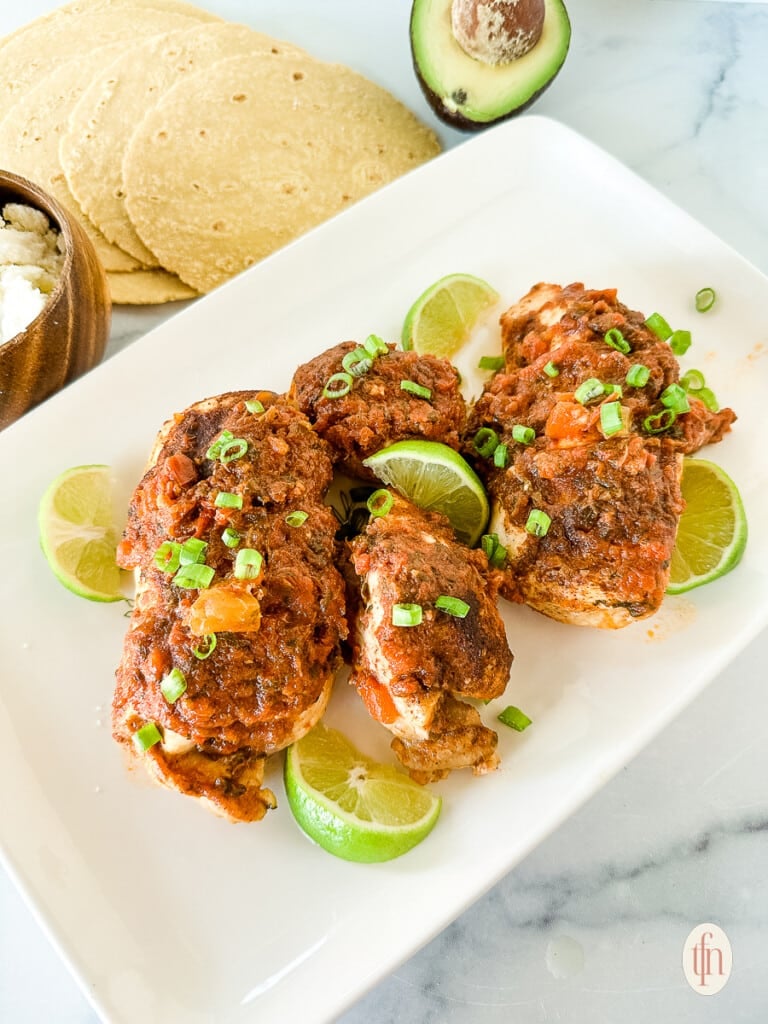 Serving platter of Instant Pot salsa chicken.