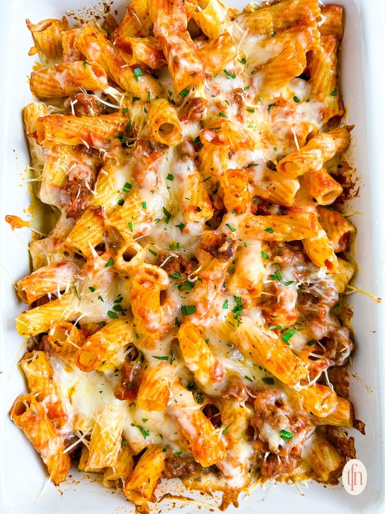 Baked rigatoni with sausage, ready to serve.