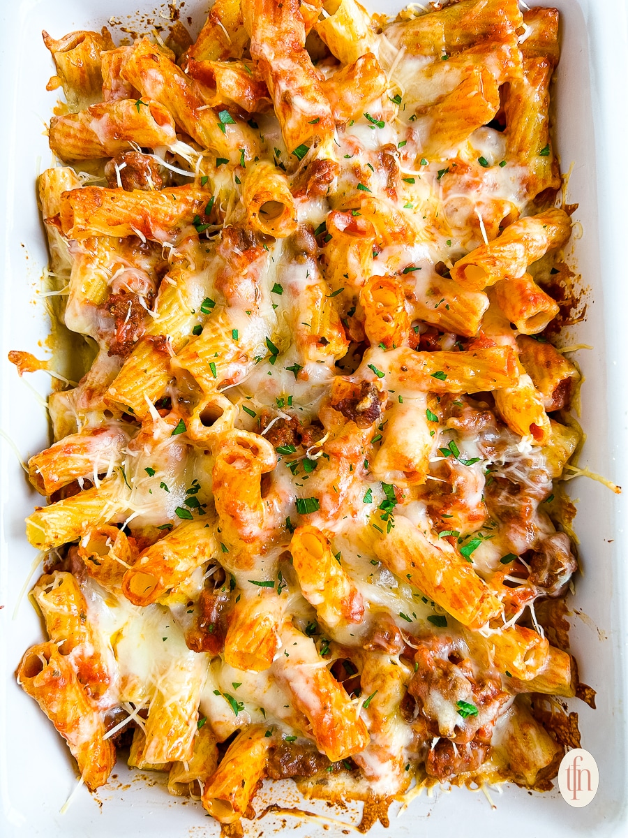 Baked rigatoni with sausage, ready to serve.