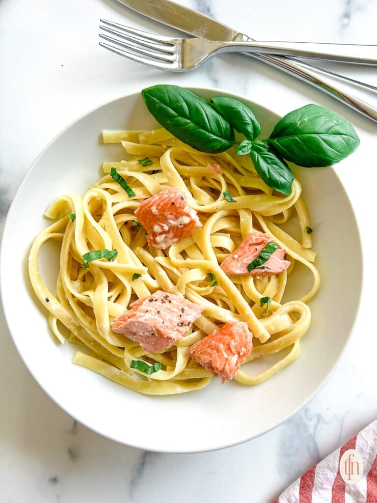 30 minute dinner of salmon alfredo fettuccine.