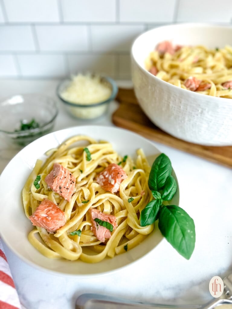 Dish of baked salmon alfredo pasta is what's for dinner tonight!