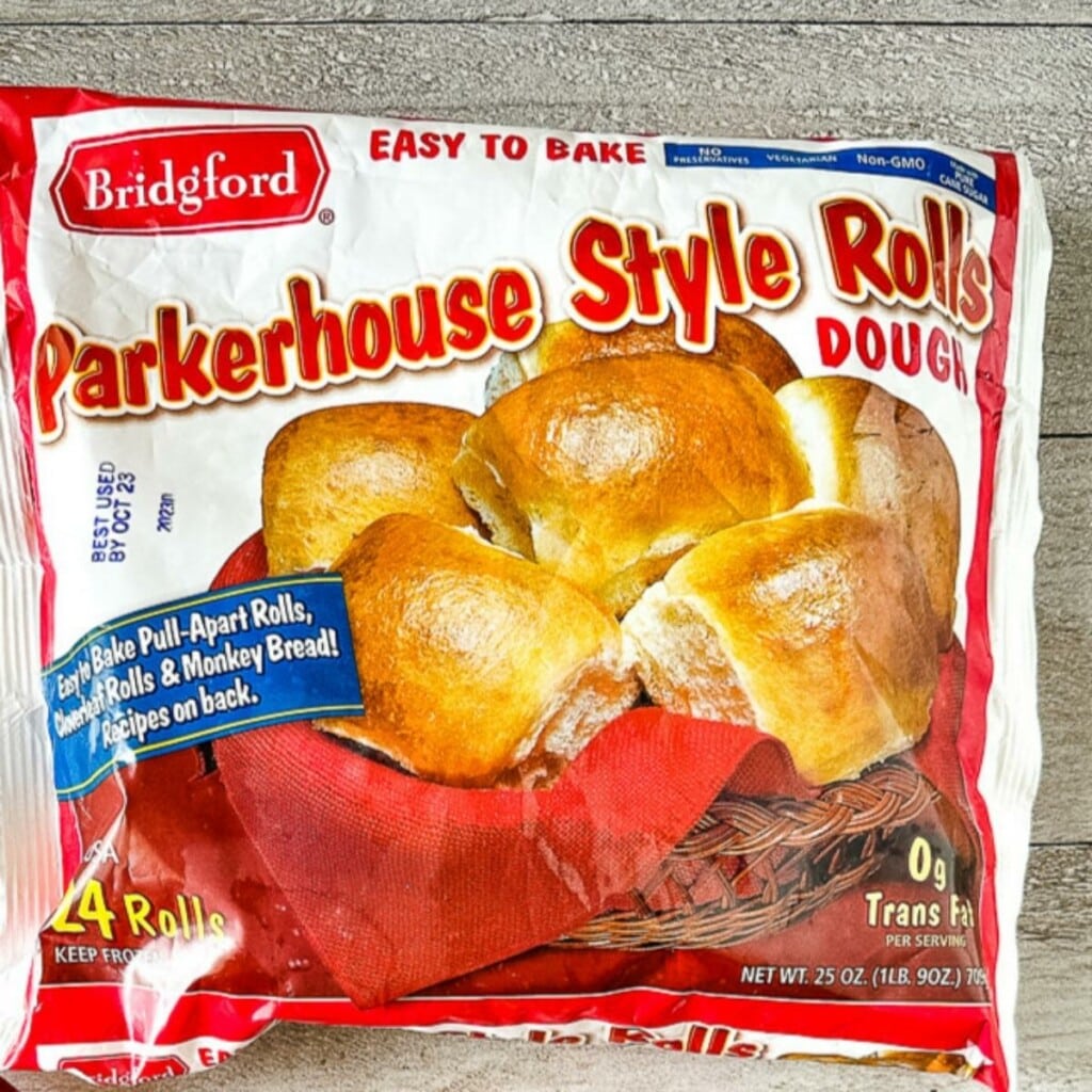 Package of frozen dough for Bridgford Parkerhouse style rolls.