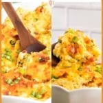 A vertical, split image with the title "make ahead MASHED POTATOES RECIPE". The image shows a close-up of cheesy, baked mashed potatoes in a white casserole dish, garnished with bacon and green onions, with a wooden spoon serving a portion. The text "FULL RECIPE AT TheFeatheredNester.com" is at the bottom.