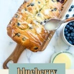 Image of blueberry pound cake with text on the bottom.