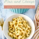 Titled graphic of white cheese macaroni and cheese.