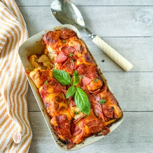Pizza monkey bread baked in a loaf pan.