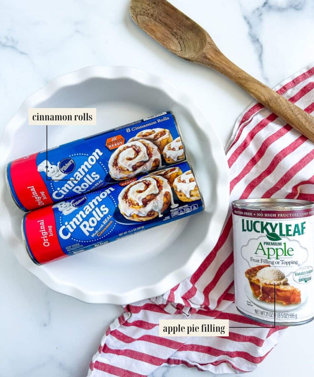 Labeled ingredient image for cinnamon rolls with apple filling.