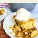 Graphic with image of apple cobbler with ice cream on top and text across the top.