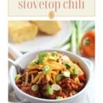 Titled graphic for easy chili recipe on stove.