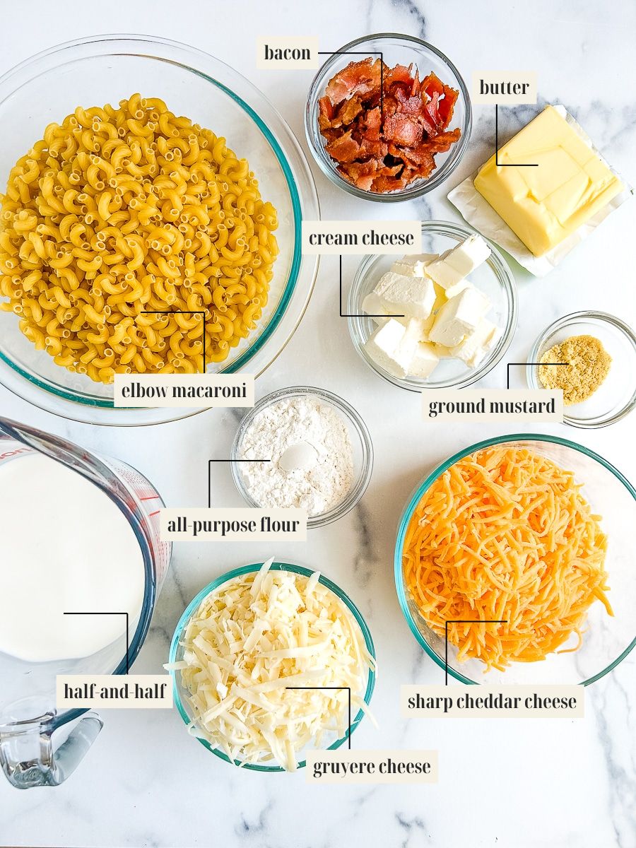 Labeled ingredient image for Smoked Mac and Cheese with Bacon recipe.