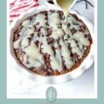 Graphic of drizzling vanilla sauce over bread pudding with text over the bottom.