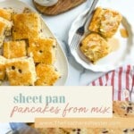 Serving platter of fluffy sheet pan pancakes. Titled overlay says "Sheet Pan Pancakes from Mix"