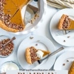 A vertical image with the text "PUMPKIN custard recipe" overlaid on the bottom half. The image shows a pumpkin custard pie with a pecan crust. A slice is being served, and two slices are on plates, one topped with whipped cream. The website "TheFeatheredNester.com" is visible.