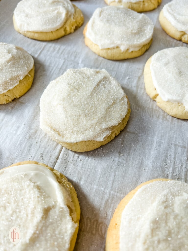 Cookies frosted with sugar sprinkled on top.