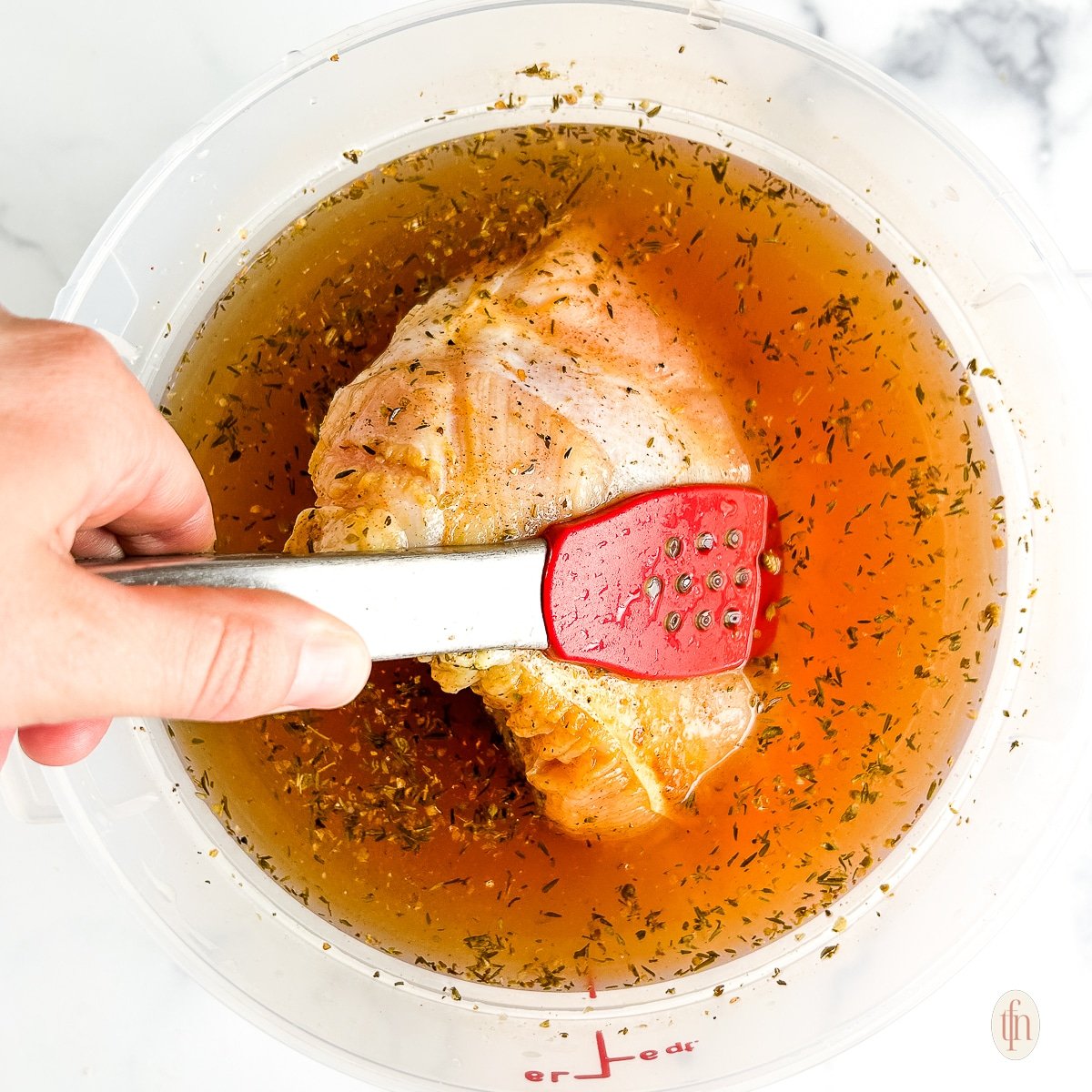 Placing turkey in bucket with brine.