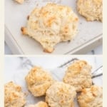 A vertical image with the title "buttermilk DROP BISCUITS" at the top. The image is split, showing golden-brown drop biscuits on a baking sheet on the top and a pile of baked biscuits cooling on a wire rack on the bottom. The website "TheFeatheredNester.com" is at the bottom.