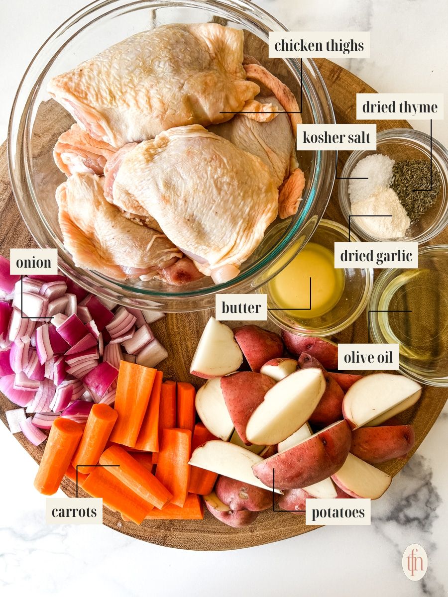 Labeled ingredient image for sheet pan chicken thighs and vegetables recipe.