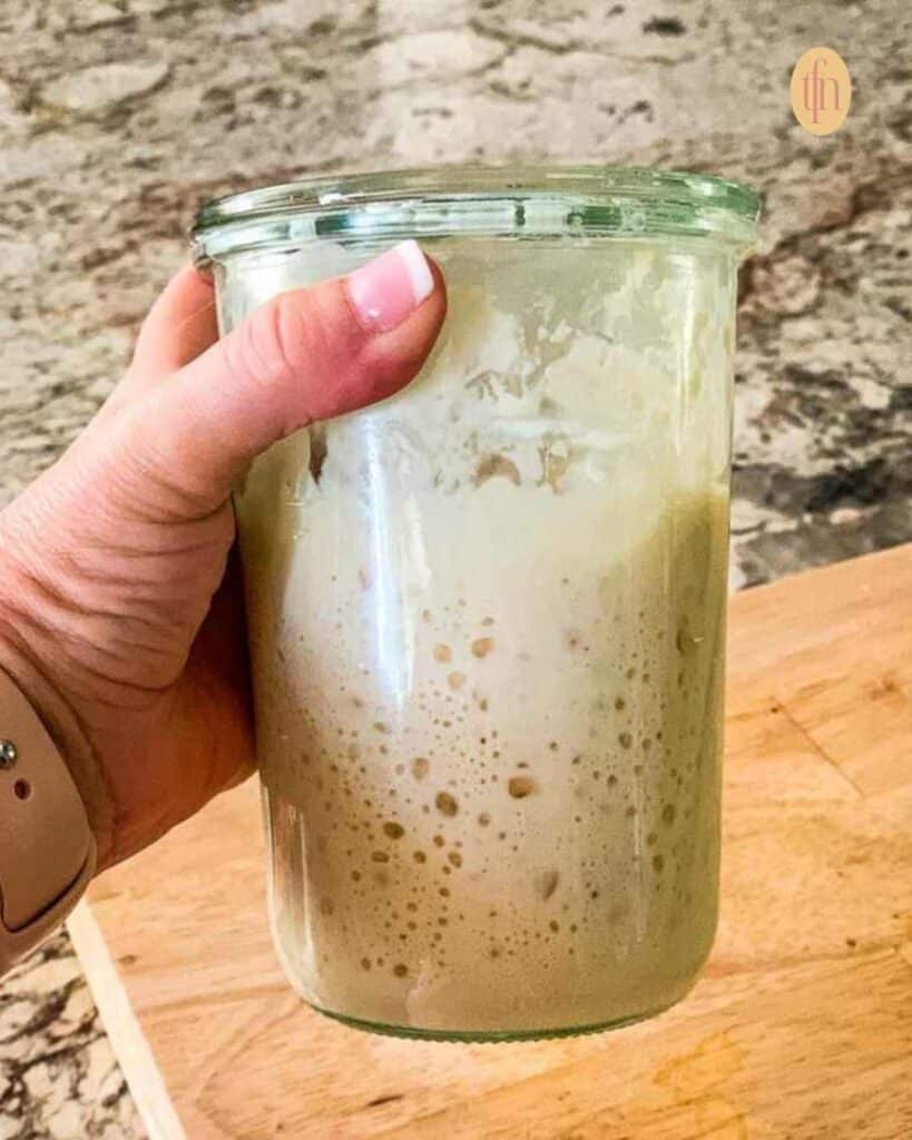 Sourdough starter on a Weck jar, grabbed in one hand.