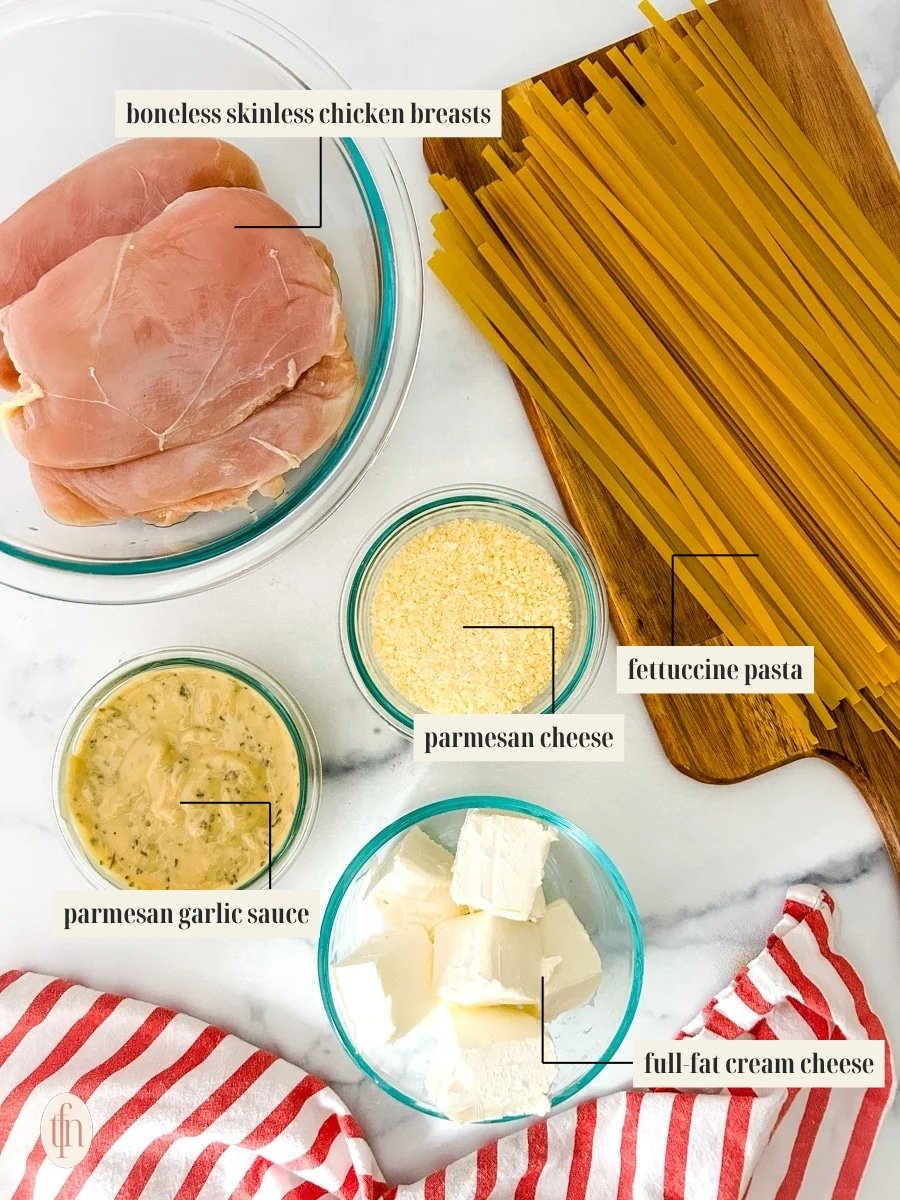 Labeled ingredient image for chicken pasta recipe.