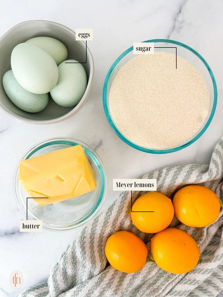 Labeled ingredients for lemon curd recipe.