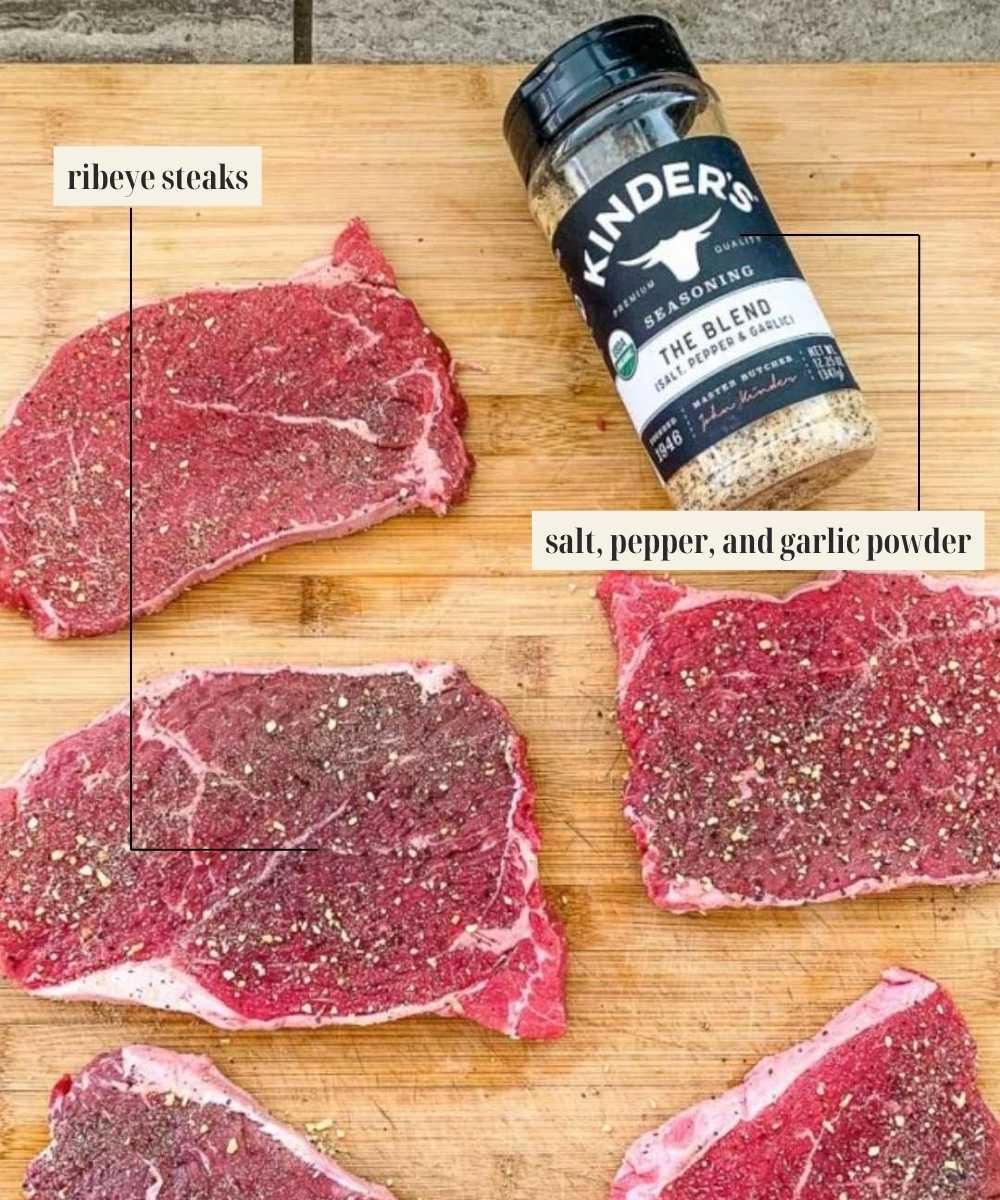 Labeled ingredients for Blackstone griddle steak.