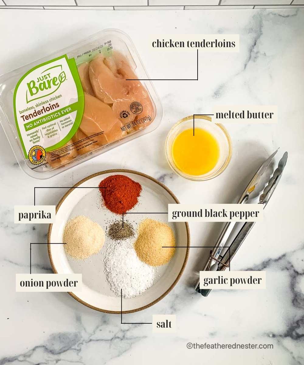 Ingredients for baked chicken tenders with label.