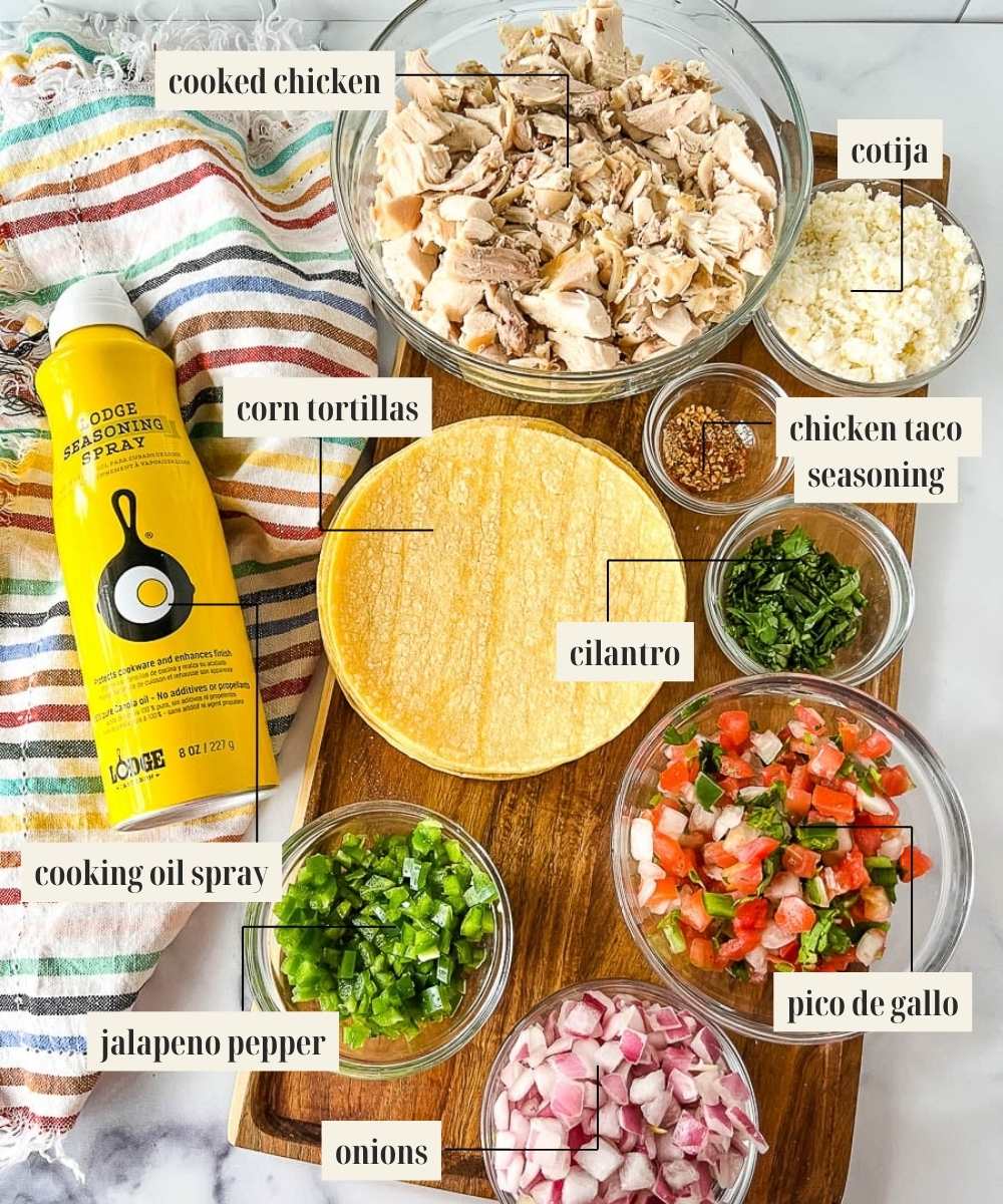 Labeled ingredients for chicken street tacos.