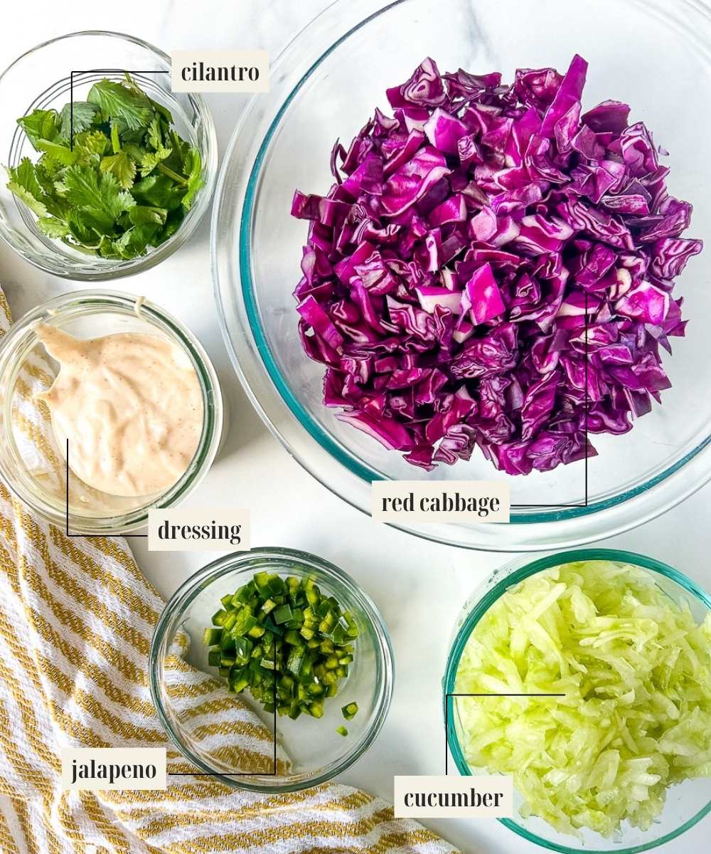 Labeled ingredients for cucumber slaw.