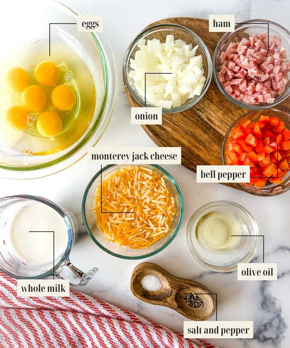 Labeled ingredients image for ham and cheese frittata.